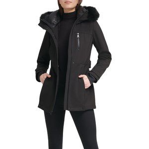 Faux Fur Trim Hooded Belted Soft Shell Jacket BLACK, Size Medium Regular